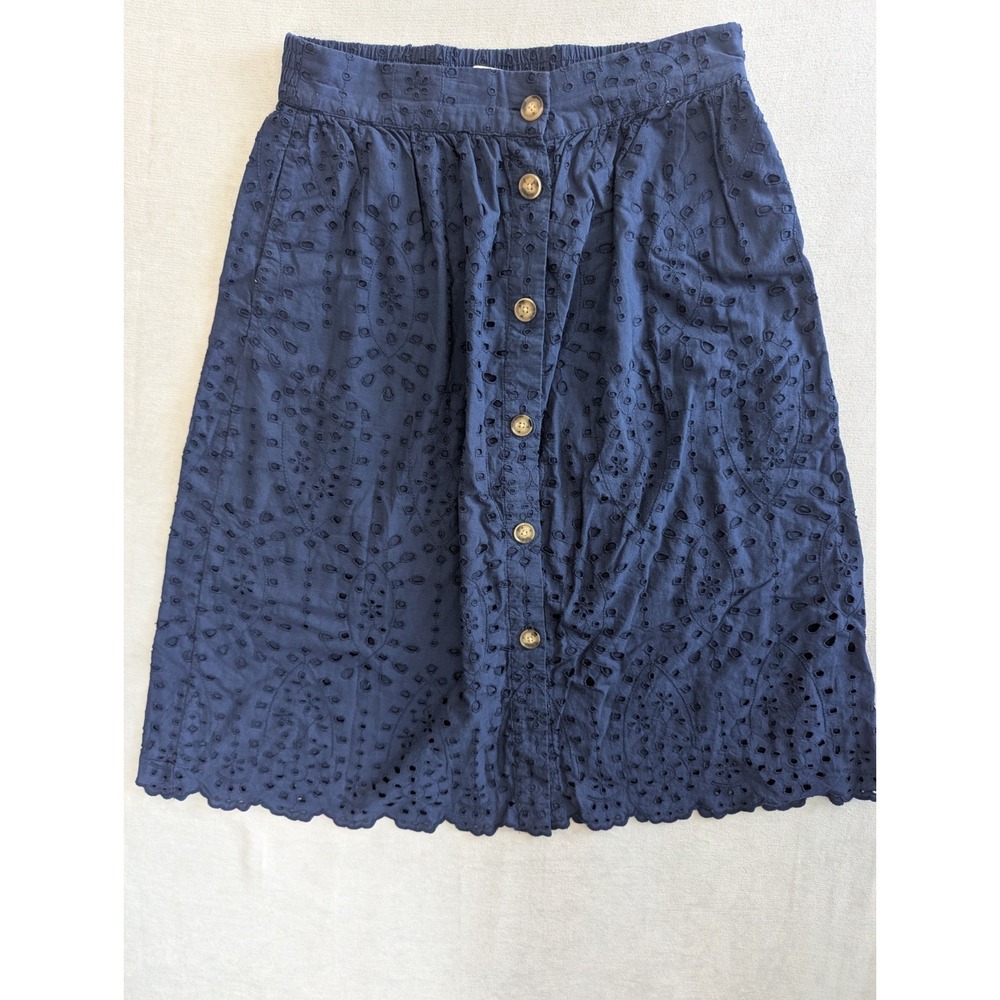 LOFT Blue Eyelet Cotton Midi Skirt Size 8 Button Front A-Line Lined Cottagecore